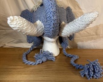 Hand Knit Blue Mammoth Hat with Tassels - Winter Animal Hats