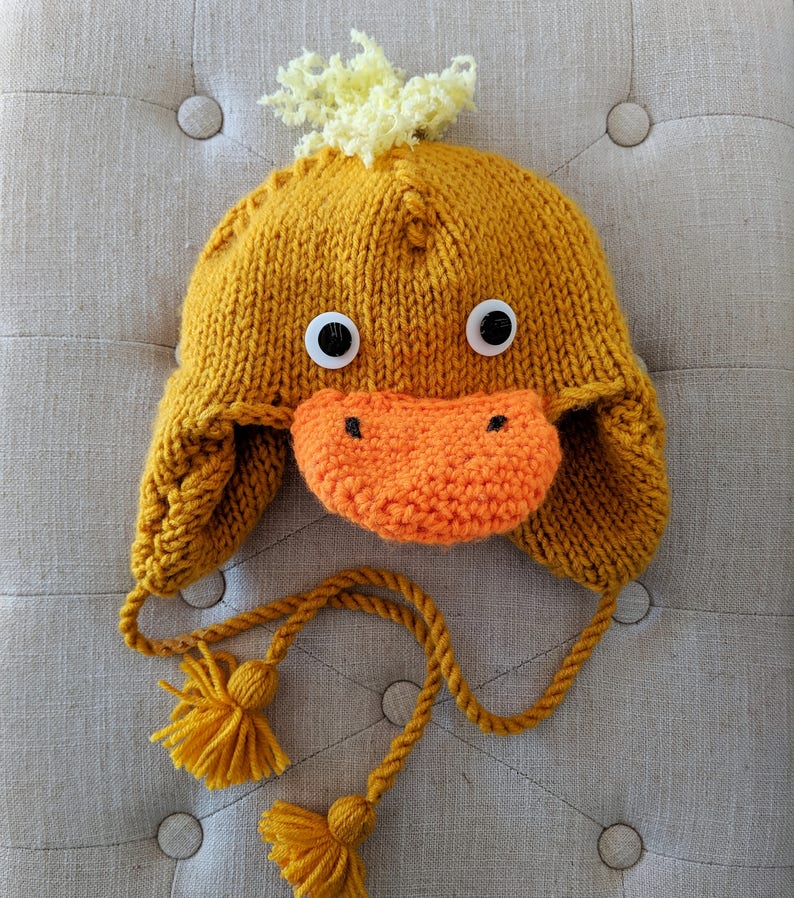 Easter Rubber Duck Hat with Ear Flaps and Tassles Hand Knit Yellow Duck Hat for Kids Animal Hats and Accessories