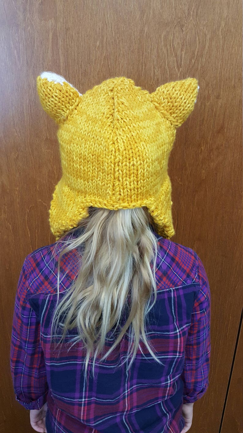 Kids Hand Knit Orange Kitty Cat Hat with Ear Flaps and Tassels image 5