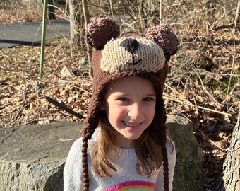 Hand Knit Bear Hat with Ear Flaps & Tassels | Winter Animal Hat