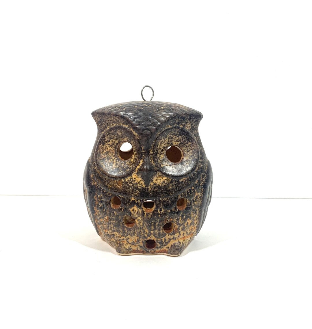 Ceramic Owl Candle Holder Vintage Stoneware Hanging Owl Votive Candle