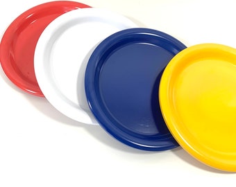Ingrid of Chicago Plates Blue Red Yellow White Melamac Melamine Plastic Plates Set of Four