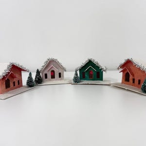 Putz Like Christmas Houses Vintage Cardboard Glitter Ornaments Set of Four