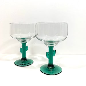 Libbey Cactus Margarita Glasses Retro Green Cactus Stem Barware Set of Two