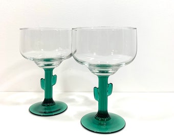 Libbey Cactus Margarita Glasses Retro Green Cactus Stem Barware Set of Two