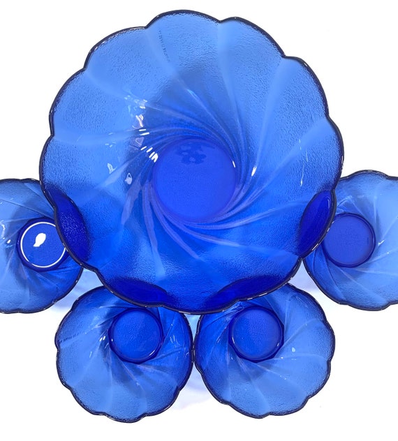 Arcoroc Blue Glass Serving Bowls Textured Flower Scalloped Rim Etsy