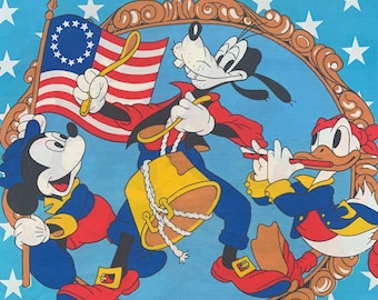 Juego de dos fundas de almohada vintage de Mickey Mouse, Goofy, Donald Duck y Pluto, conmemorativas del bicentenario estadounidense de 1776.