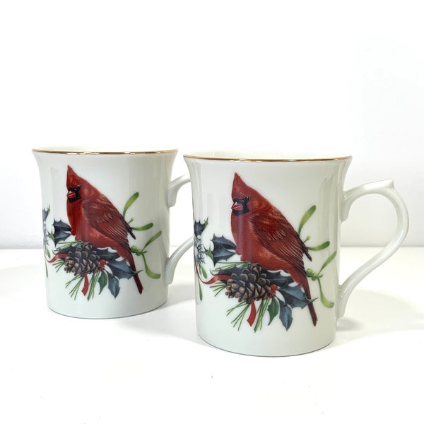 Lenox Winter Greetings Cardinal Cup Mug Vintage Catherine McClung Cardinals Porcelain Tea Cup Made in Japan Set of Two