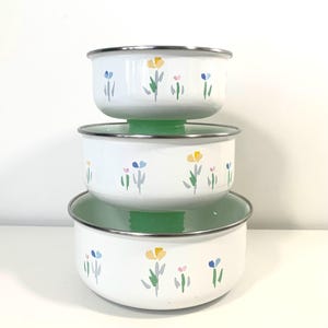 Studio Nova Fresh Mint Pastel Floral Flowers Enamel Mixing Bowl Set of Three Made in Japan