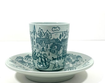 Nymolle Art Faience Old Port Town Cup and Saucer Paul Hoyrup Jorgensen Collectible Dish