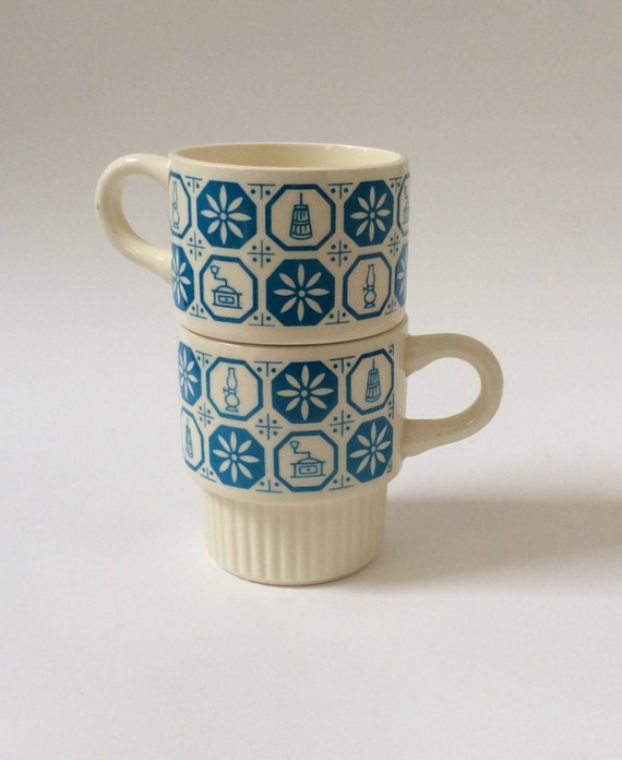 Items similar to Vintage White & Blue Stacking Coffee Mugs Made in