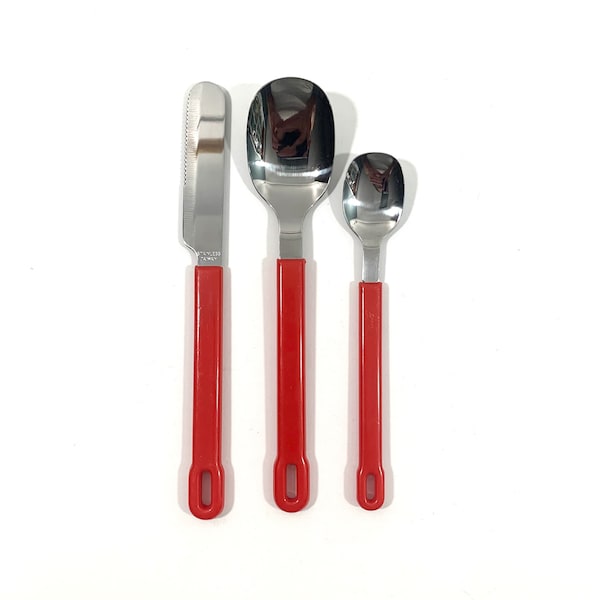 Red Handled Flatware Retro Stainless Mix and Match Mismatched Kitchen Utensil Replacements Made in Taiwan