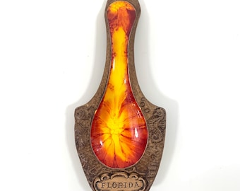 Treasure Craft Florida repose-cuillère vintage souvenir de Floride, céramique marron, goutte à goutte orange, hippocampe, étoiles de mer, Kitsch, décoration de cuisine