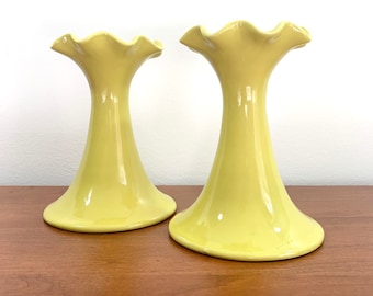 Ceramic Ruffled Candlestick Vintage Pot Luck Flirt Chartreuse Candleholder Set of Two