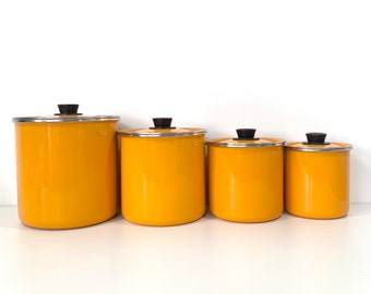 Enamel Canister Set Bold Yellow Orange Enamelware Kitchen Canisters Set of Four