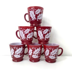 Hazel Atlas Christmas Cranberry Holly Eggnog Punch Cups Vintage Milk Glass Holiday Cups Mugs Set of Six