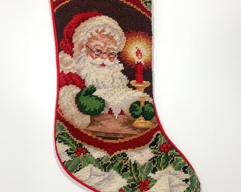 Needlepoint Christmas Stocking Vintage Santa Claus Hand Stitched Wool Stocking