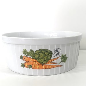 White Porcelain Ribbed Souffle Dish With Vegetable Motif Vintage Styson Japan Ovenware Cookware Dishes