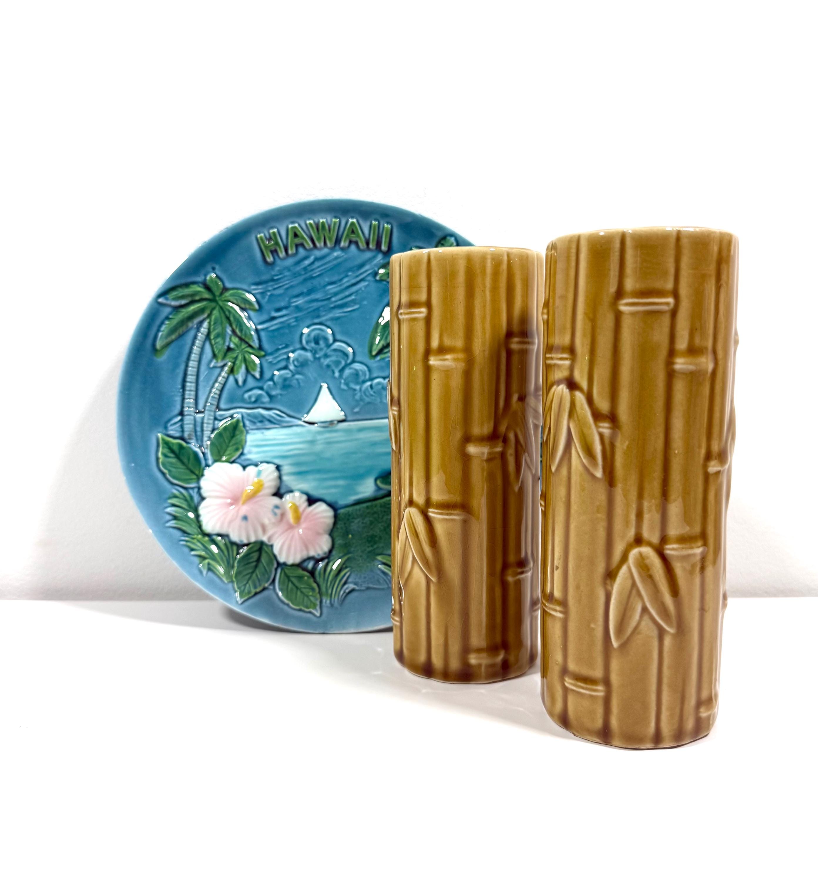 Vintage Orchids of Hawaii Bamboo Pattern Tiki Cocktail Mug Cup Set