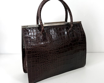 Italian Leather Handbag Faux Alligator with Silver Closure Vintage Tanner Purse