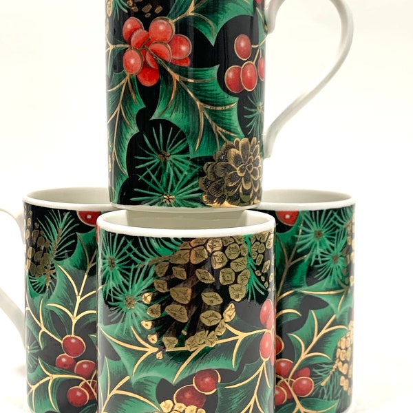 Dunoon Christmas Golden Holly Fine Bone China Coffee Tea Mugs Set of Four