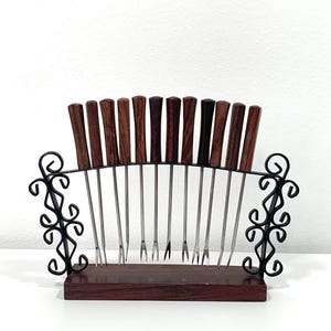 Canape Cocktail Appetizer Forks Vintage Appetizer Set With Wood Medal Scroll Stand Made in Japan