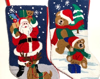 Christmas Stocking Vintage Hooked Yarn Stocking Santa Snowmen Teddy Bear Christmas Holiday Decor Choice of Pattern