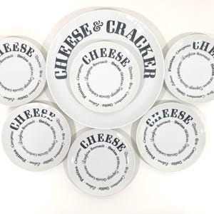 Shafford Cheese & Crackers Set Typography Design MCM Black White Serving Plate and Six Appetizer Hors d&#39;oeuvres Plates