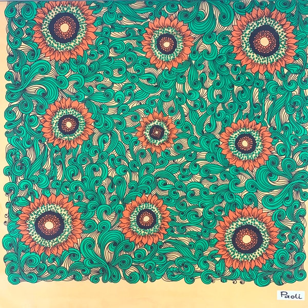 Paoli Sunflower Floral Square Scarf Vibrant Sunflowers Green Swirls Made in Japan