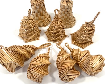 Vintage Woven Straw Ornaments Christmas Bells Spirals Ornament Collection of Nine