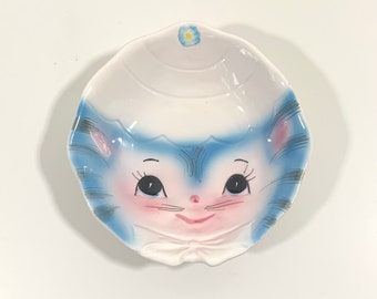 Lefton Miss Priss Child's Small Bowl Vintage Blue Kitty Cat Plato coleccionable