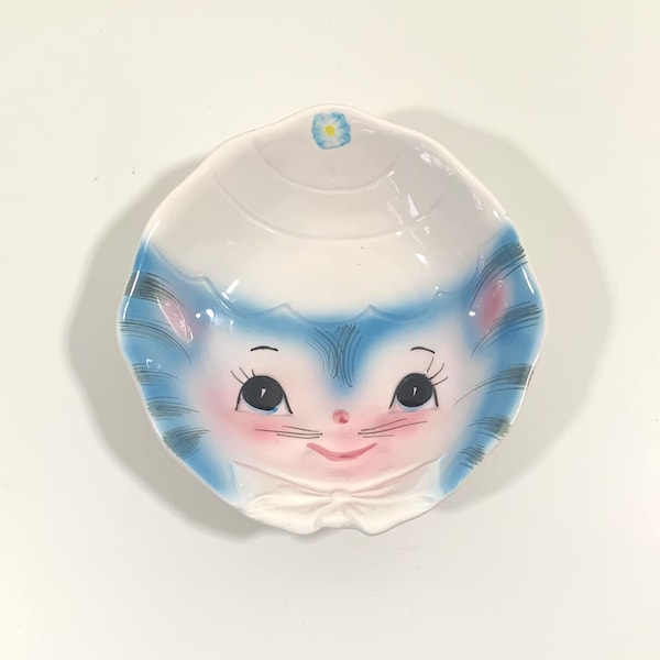 Lefton Miss Priss Child's Small Bowl Vintage Blue Kitty Cat Collectible Dish