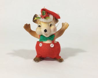 Flocked Christmas Mouse Ornament, Vintage Christmas Holiday Decor, Craft Diorama Shadowbox Piece