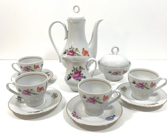 Graf Von Henneberg Floral Tea Set German Porcelain Demitasse Cup Saucer Sugar Creamer Tea Coffee Pot