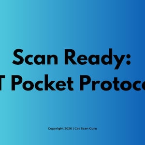 以下が含まれることがあります： 青色のグラデーションの背景に、太字の黒いフォントで「Scan Ready: CT Pocket Protocols」と書かれています。著作権情報は「Copyright 2026 | Cat Scan Guru」が下部にあります。