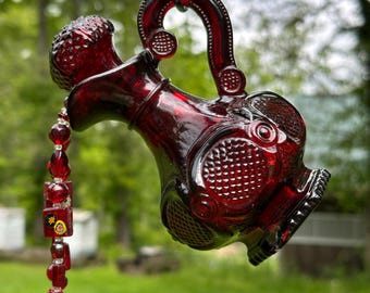 Repurposed Cranberry Decanter Suncatcher: Beaded Garden Decor