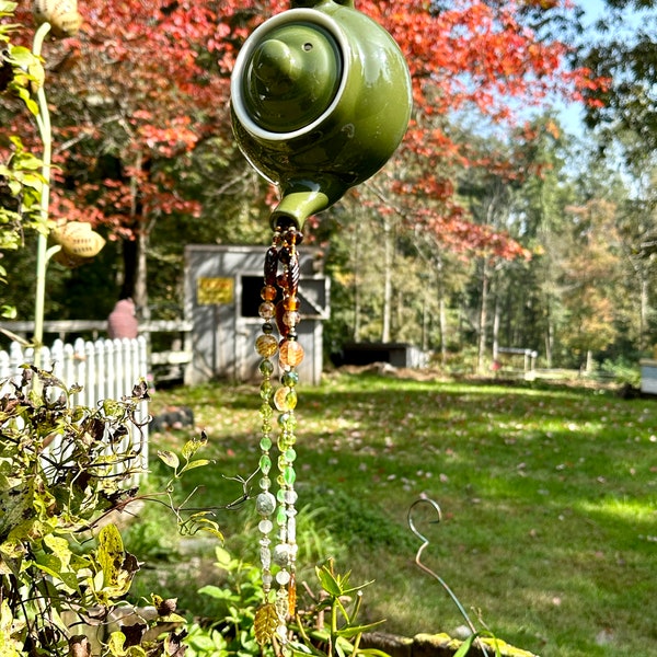 Teapot Outdoor Garden Yard Patio Deck Beaded Suncatcher, Art, Gift for Friend Sister Mom Boss Gardener Nature lover, Boho Decor, Earthy