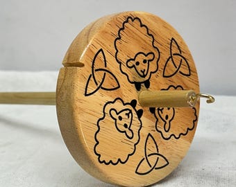 Handcrafted Maple Top Whorl Drop Spindle: Wood Fiber Art Tool 3.55 ounce Sheep Facing In with Celtic Knots
