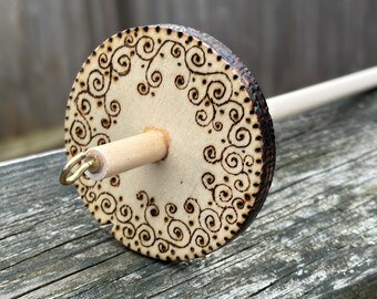 Top Whorl Drop Spindle Wooden, One of a Kind Fiber Art Yarn Spinning Tool, 1.05 oz., Roving, Handcrafted, handmade, Woodburning Pyrography