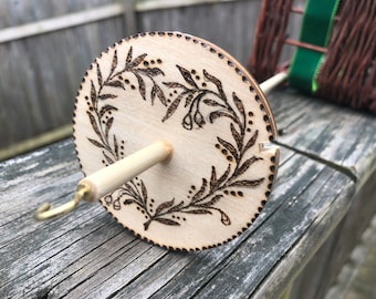 Handcrafted Top Whorl Drop Spindle: Wood Burned Fiber Art Tool