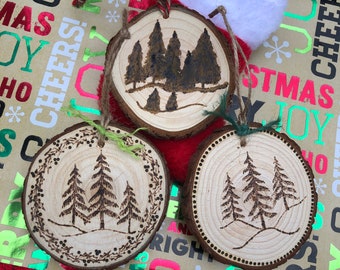 Rustic Wood Slice Ornaments, Set of 3, Wood Burned Ornament, Christmas Ornament, Gift Toppers