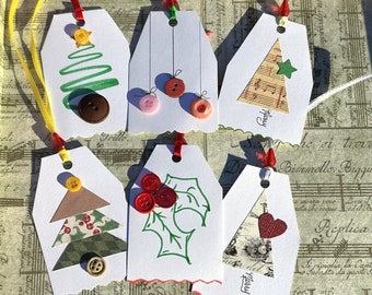 Handmade Christmas Gift Tags, Vintage Button Embellishments, Set of 6