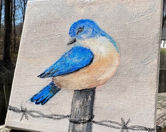 Original Blue Bird Acrylic Painting on Canvas Wall Art