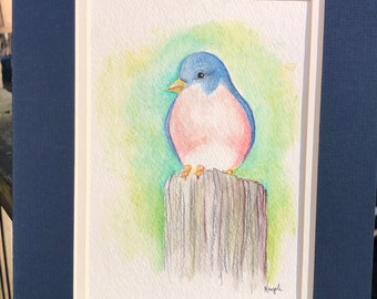 Bluebird Art: Original Matted Colored Pencil Drawing, Farmhouse Decor (8x10)