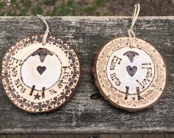 Handmade Wood Burned Sheep Ornaments: Rustic Farmhouse Decor, Set of 2