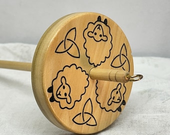 Handcrafted Maple Top Whorl Drop Spindle: Wood Fiber Art Tool 2.75 ounce Sheep Facing Out