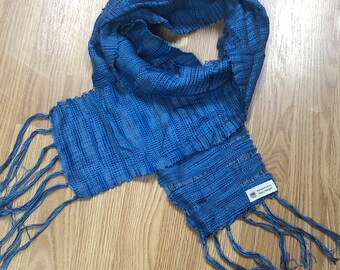 Handwoven Blue Scarf with Fringe: Lightweight Woven Accessory