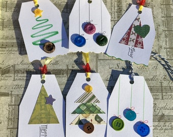 Handmade Christmas Gift Tags, Vintage Button Embellishments, Set of 6