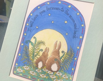 Rabbit Nursery Art: "I Will Love You" Matted Watercolor Print