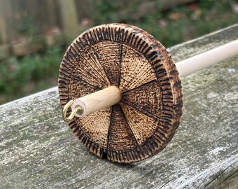 Top Whorl Drop Spindle Fiber Artist Tool, Yarn Spinning Winding, 1.20 oz., Roving, Textile, Handcrafted, Wood Burned Original One of a Kind